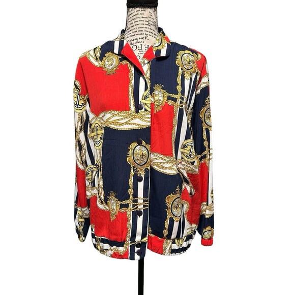 Vintage Nautical Navy Button Down Blouse Coastal Vide Fisherman Patriotic Large - Picture 1 of 6